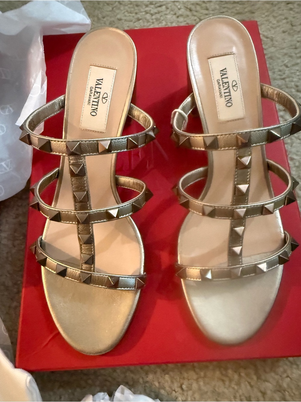 Valentino Metallic Gold Rockstud Multi-Strap Slides